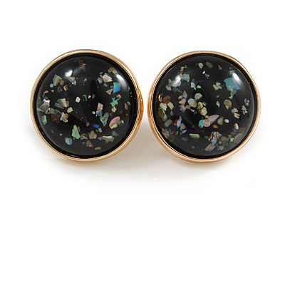 20mm Gold Tone Round Dome Black Resin with Foil Pattern Clip On Earrings