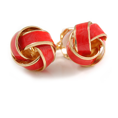 Brick Red Enamel Knot Clip On Earrings In Gold Tone - 15mm