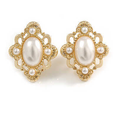 Victorian Style Faux Pearl Clip On Earrings In Gold Tone - 27mm Tall - main view