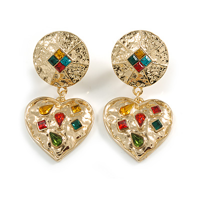 Statement Gold Tone Hammered Multicoloured Crystal Heart Clip On Earrings - 50mm L - main view