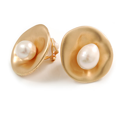 20mm Matt Gold Tone 'Shell' with Freshwater Pearl Bead Clip On Earrings