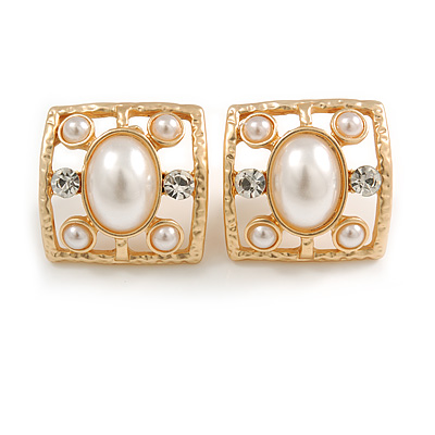 23mm Gold Tone Matt Faux Pearl Bead, Clear Crystal Square Retro Clip On Earrings
