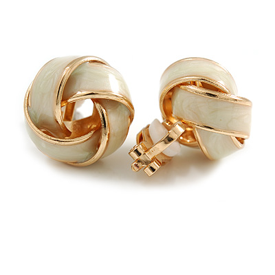 Milky White Enamel Knot Clip On Earrings In Gold Tone - 15mm