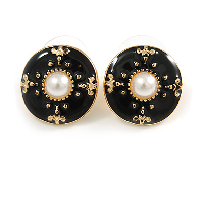 18mm Black Enamel Faux Pearl Button Stud Earrings In Gold Tone - main view