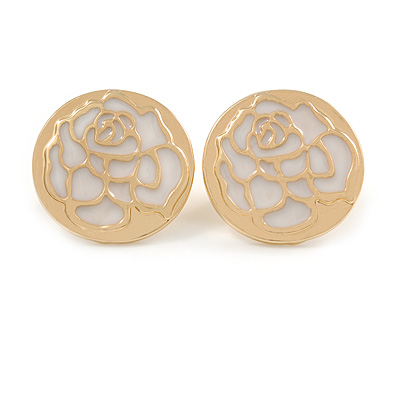 20mm Gold Tone Round with White Enamel Rose Motif Stud Earrings - main view