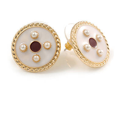 17mm Gold Tone White/ Red Enamel Faux Pearl Button Stud Earrings