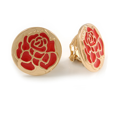 20mm Gold Tone Round with Red Enamel Rose Motif Clip On Earrings