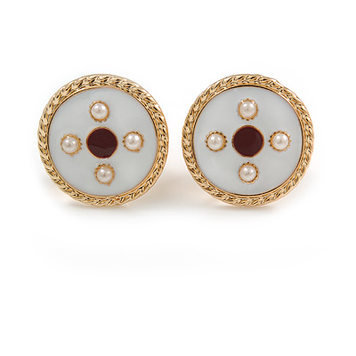 17mm Gold Tone White/ Red Enamel Faux Pearl Button Clip On Earrings