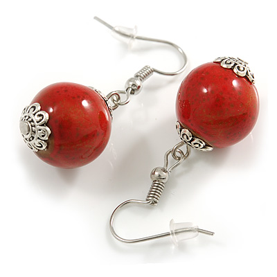 15mm Red Round Ceramic Drop Earrings - 35mm Long