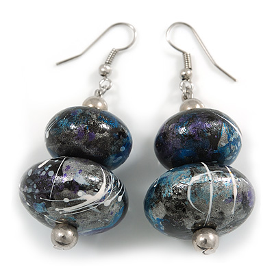 Black/Blue/Silver/White/Purple Colour Fusion Wooden Double Bead Drop Earrings - 55mm L