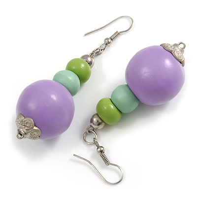 Graduated Lilac/Mint/Lime Green Painted Wood Bead Drop Earings - 65mm Long