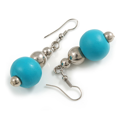Turquoise Painted Wood and Silver Acrylic Bead Drop Earrings - 55mm L
