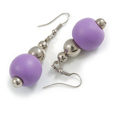 Lilac Purple Painted Wood and Silver Acrylic Bead Drop Earrings - 55mm L