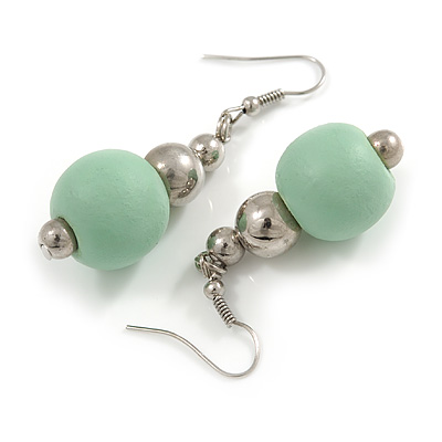 Mint Painted Wood and Silver Acrylic Bead Drop Earrings - 55mm L