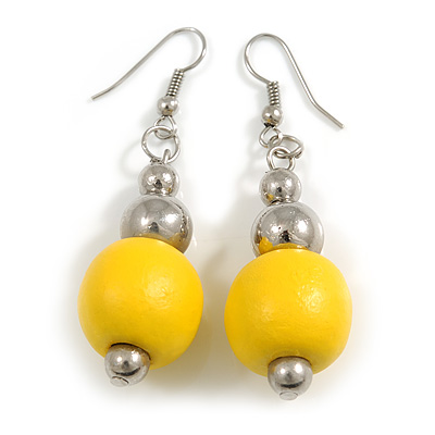 Yellow Painted Wood and Silver Acrylic Bead Drop Earrings - 55mm L - main view