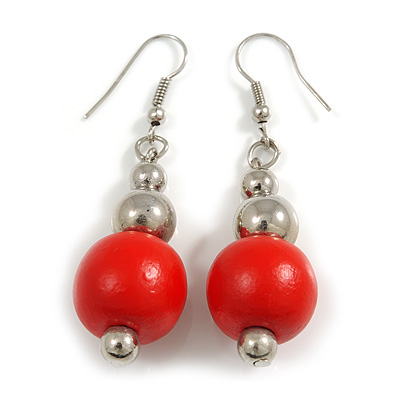 Red Painted Wood and Silver Acrylic Bead Drop Earrings - 55mm L