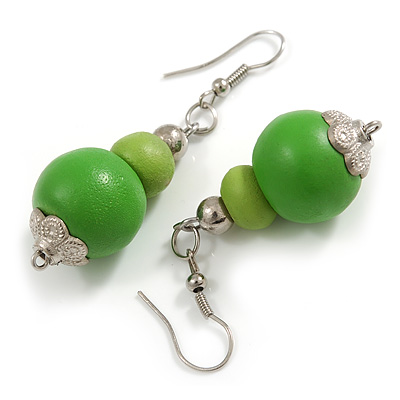 Green Painted Double Bead Wood Drop Earrings - 55mm Long