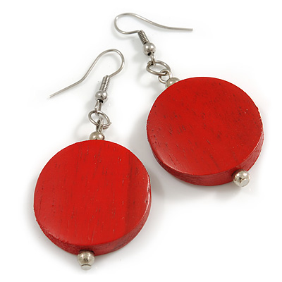 Red Painted Wood Coin Drop Earrings - 55mm L
