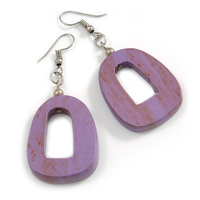 Antique Lilac Purple Painted Wood O-Shape Drop Earrings - 55mm L - main view