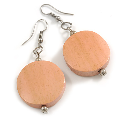 Pink Washed Wood Coin Drop Earrings - 55mm L - main view