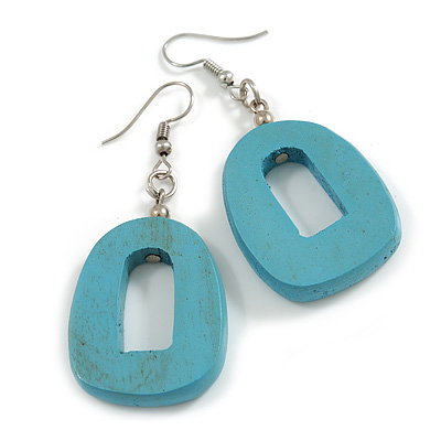 Turquoise Washed Wood O-Shape Drop Earrings - 55mm L - main view