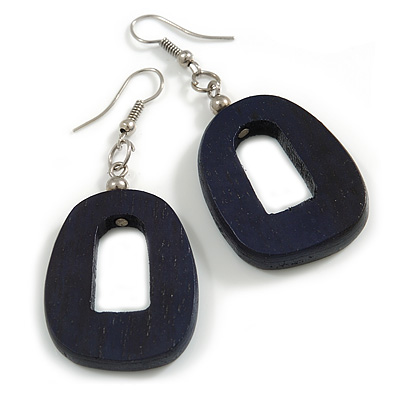 Dark Blue Painted Wood O-Shape Drop Earrings - 55mm L