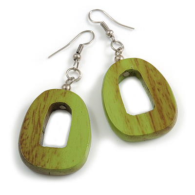 Antique Lime Green Painted Wood O-Shape Drop Earrings - 55mm L