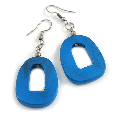 Blue Painted Wood O-Shape Drop Earrings - 55mm L - main view