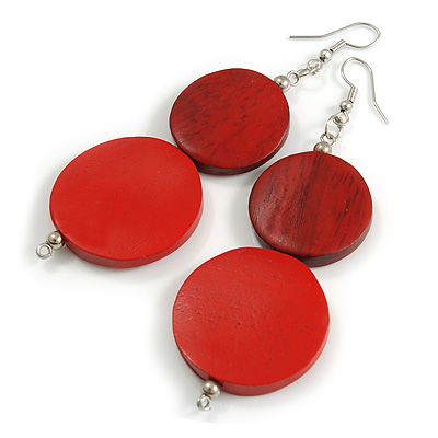 Long Red Painted Double Round Wood Bead Drop Earrings - 8cm L - main view