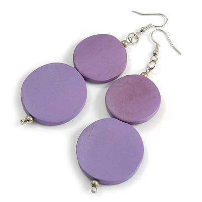 Long Lilac Purple Painted Double Round Wood Bead Drop Earrings - 8cm L