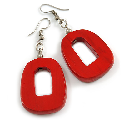 Red Painted Wood O-Shape Drop Earrings - 55mm L