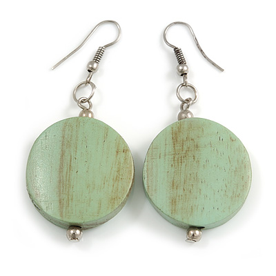 Antique Mint Washed Wood Coin Drop Earrings - 55mm L - main view