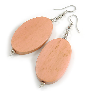 Pink Washed Painted Wood Oval Drop Earrings - 70mm L - main view