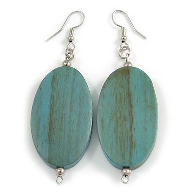 Teal Washed Wood Oval Drop Earrings - 70mm L