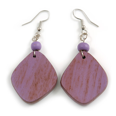 Diamond Shape Antique Lilac Purple Painted Wood Drop Earrings - 60mm L