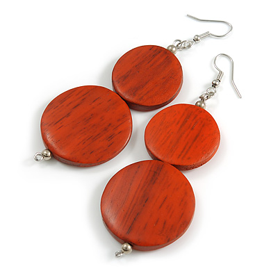 Long Antique Orange Painted Double Round Wood Bead Drop Earrings - 8cm L