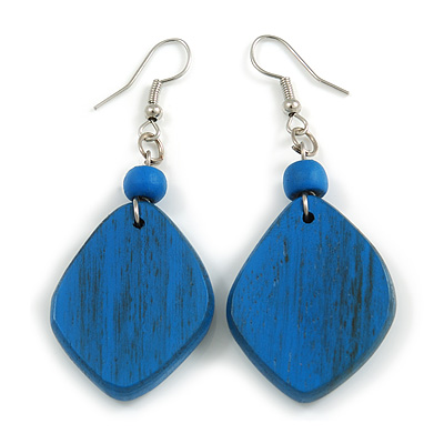 Diamond Shape Blue Painted Wood Drop Earrings - 60mm L