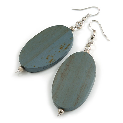 Antique Grey Painted Wood Oval Drop Earrings - 70mm Long - main view