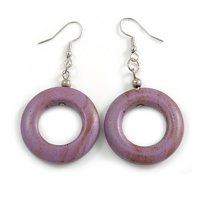 Donut Shape Lilac Purple Washed Wood Drop Earrings - 55mm Long