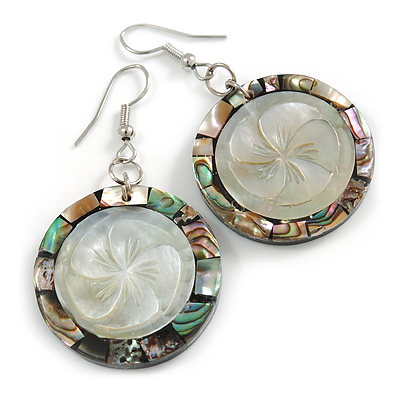 50mm L/Grey/Natural/Abalone Round Shape Sea Shell Earrings/Handmade/ Slight Variation In Colour/Natural Irregularities