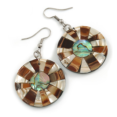 50mm L/Brown/Natural/Abalone Round Shape Sea Shell Earrings/Handmade/ Slight Variation In Colour/Natural Irregularities