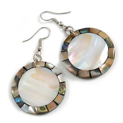 50mm L/Silvery/Natural/Abalone Round Shape Sea Shell Earrings/Handmade/ Slight Variation In Colour/Natural Irregularities