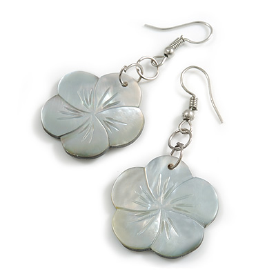 50mm L/Silvery Flower Shape Sea Shell Earrings/Handmade/ Slight Variation In Colour/Natural Irregularities - main view