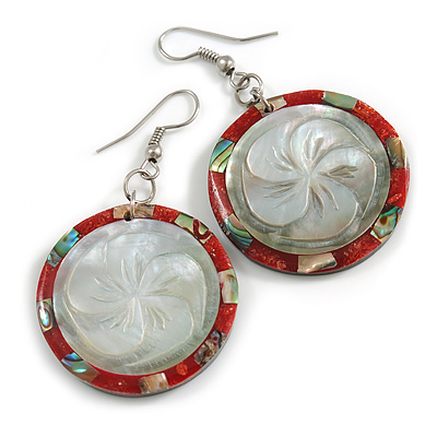 50mm L/Red/Grey/Abalone Flower Motif Round Shape Sea Shell Earrings/Handmade/ Slight Variation In Colour/Natural Irregularities