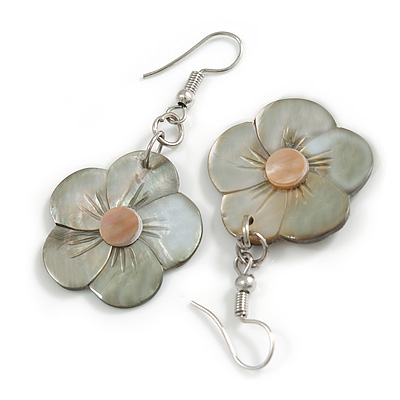 50mm L/Grey Flower Shape Sea Shell Earrings/Handmade/ Slight Variation In Colour/Natural Irregularities - main view