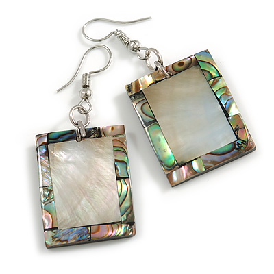 50mm L/Silvery Grey/Abalone Square Shape Sea Shell Earrings/Handmade/ Slight Variation In Colour/Natural Irregularities - main view