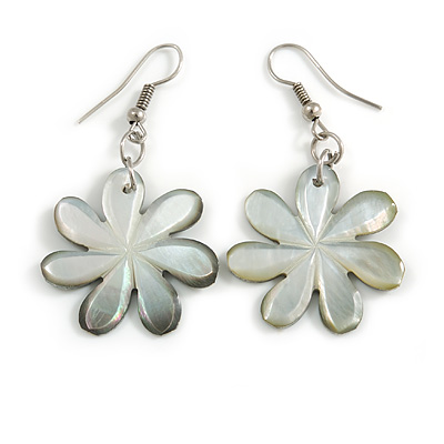 50mm L/Silvery Grey Flower Shape Sea Shell Earrings/Handmade/ Slight Variation In Colour/Natural Irregularities