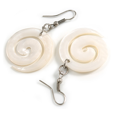 50mm L/Milky White Spiral Shape Sea Shell Earrings/Handmade/ Slight Variation In Colour/Natural Irregularities