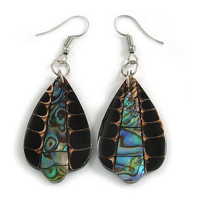 60mm L/Brown/Black/Abalone Leaf Shape Sea Shell Earrings/Handmade/ Slight Variation In Colour/Natural Irregularities - main view