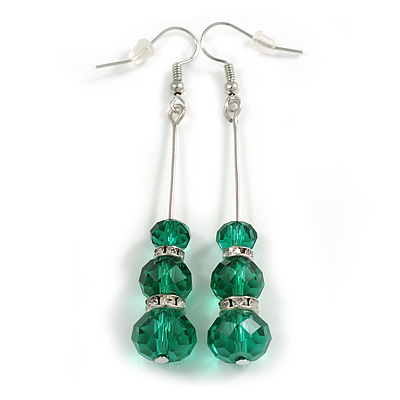 Long Green Faceted Glass Bead with Crystal Ring Metal Bar Drop Earrings In Silver Tone - 7cm L